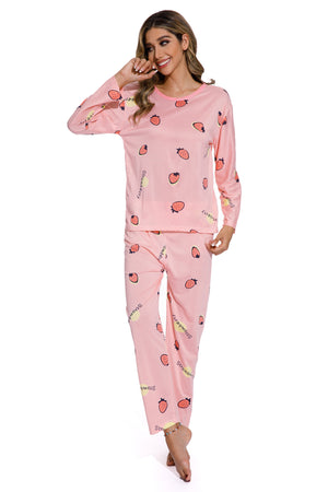 2Piece Strawberry Print Pajamas Suit