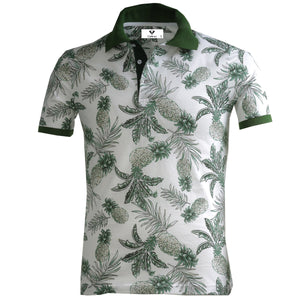 White with Green Floral Mens Slim Fit Polo Shirts - 100% Soft Cotton - Tailored Comfortable Fit