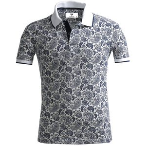 White with Black Paisley Mens Slim Fit Polo Shirts - 100% Soft Cotton - Tailored Comfortable Fit
