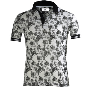 White and Black Floral Mens Slim Fit Polo Shirts - 100% Soft Cotton - Tailored Comfortable Fit
