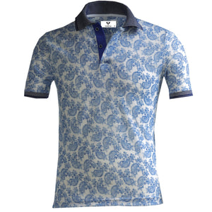 White and Blue Paisley Mens Slim Fit Polo Shirts - 100% Soft Cotton - Tailored Comfortable Fit