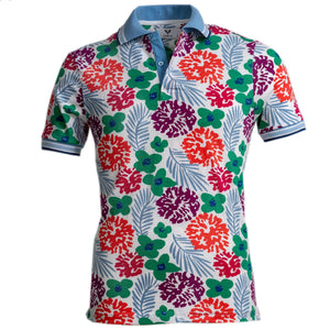 White Colorful Floral Mens Slim Fit Polo Shirts - 100% Soft Cotton - Tailored Comfortable Fit