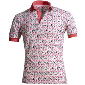 White and Pink Floral Mens Slim Fit Polo Shirts - 100% Soft Cotton - Tailored Comfortable Fit