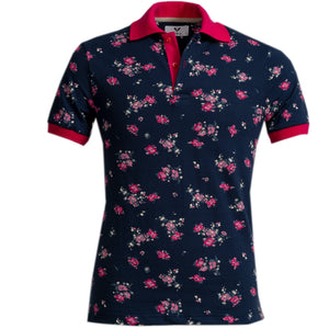Navy Blue Colorful Floral Mens Slim Fit Polo Shirts - 100% Soft Cotton - Tailored Comfortable Fit