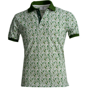 White and Green Floral Mens Slim Fit Polo Shirts - 100% Soft Cotton - Tailored Comfortable Fit