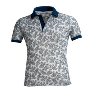 White and Blue Paisley Mens Slim Fit Polo Shirts - 100% Soft Cotton - Tailored Comfortable Fit