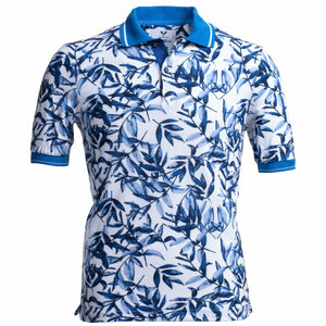 White With Blue Palm Leaves Mens Slim Fit Polo Shirts - 100% Soft Cotton - Tailored Comfortable Fit