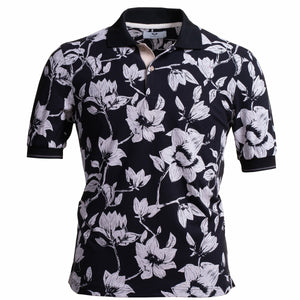 Black White Floral Pattern Mens Slim Fit Polo Shirts - 100% Soft Cotton - Tailored Comfortable Fit