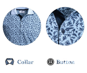 Blue Floral Pattern Mens Slim Fit Polo Shirts - 100% Soft Cotton - Tailored Comfortable Fit