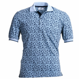 Blue Floral Pattern Mens Slim Fit Polo Shirts - 100% Soft Cotton - Tailored Comfortable Fit