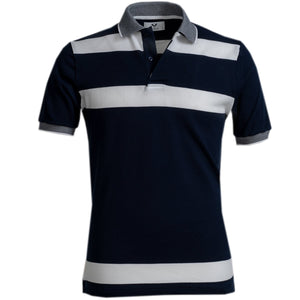 Navy Blue and White Lines Mens Slim Fit Polo Shirts - 100% Soft Cotton - Tailored Comfortable Fit