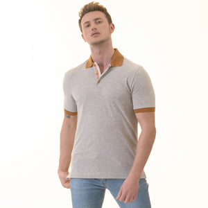Gray with Mustard Polo Neck Shirt Mens Slim Fit Polo Shirts - 100% Soft Cotton - Tailored Comfortable Fit