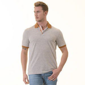 Gray with Mustard Polo Neck Shirt Mens Slim Fit Polo Shirts - 100% Soft Cotton - Tailored Comfortable Fit