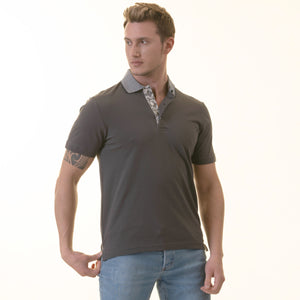 Gray inside Navy Printed Mens Slim Fit Polo Shirts - 100% Soft Cotton - Tailored Comfortable Fit
