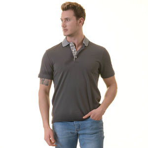 Gray inside Navy Printed Mens Slim Fit Polo Shirts - 100% Soft Cotton - Tailored Comfortable Fit