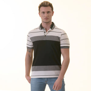 White Black Striped Special Cut Polo Shirt Mens Slim Fit Polo Shirts - 100% Soft Cotton - Tailored Comfortable Fit