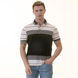 White Black Striped Special Cut Polo Shirt Mens Slim Fit Polo Shirts - 100% Soft Cotton - Tailored Comfortable Fit
