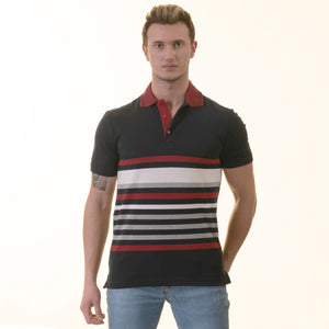 Navy Red Striped Special Cut Polo Shirt Mens Slim Fit Polo Shirts - 100% Soft Cotton - Tailored Comfortable Fit
