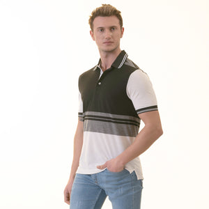 Black Gray Striped Special Cut Mens Slim Fit Polo Shirts - 100% Soft Cotton - Tailored Comfortable Fit
