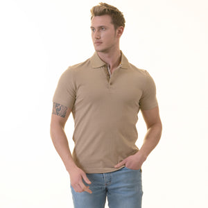 Beige inside Honeycomb Mens Slim Fit Polo Shirts - 100% Soft Cotton - Tailored Comfortable Fit