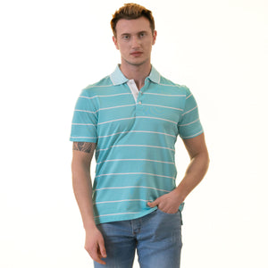 Turquoise Striped Mens Slim Fit Polo Shirts - 100% Soft Cotton - Tailored Comfortable Fit