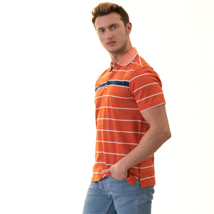 Orange Striped Mens Slim Fit Polo Shirts - 100% Soft Cotton - Tailored Comfortable Fit
