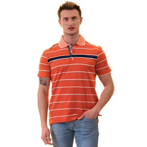 Orange Striped Mens Slim Fit Polo Shirts - 100% Soft Cotton - Tailored Comfortable Fit