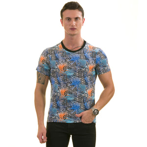 Orange Blue Leaves European Made Premium Quality T-Shirt - Crew Neck Short Sleeve T-Shirts