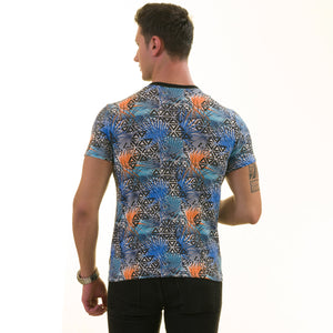 Orange Blue Leaves European Made Premium Quality T-Shirt - Crew Neck Short Sleeve T-Shirts