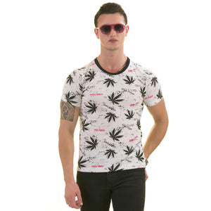 Black Leaves Printed on White European Made Premium Quality T-Shirt - Crew Neck Short Sleeve T-Shirts