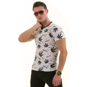 Black Leaves Printed on White European Made Premium Quality T-Shirt - Crew Neck Short Sleeve T-Shirts