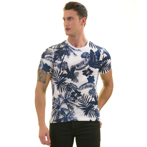 Navy Floral White  European Made Premium Quality T-Shirt - Crew Neck Short Sleeve T-Shirts