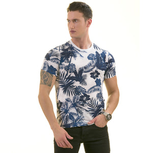 Navy Floral White  European Made Premium Quality T-Shirt - Crew Neck Short Sleeve T-Shirts