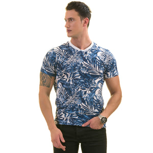 Blue and White Hawaiian European Made Premium Quality T-Shirt - Crew Neck Short Sleeve T-Shirts