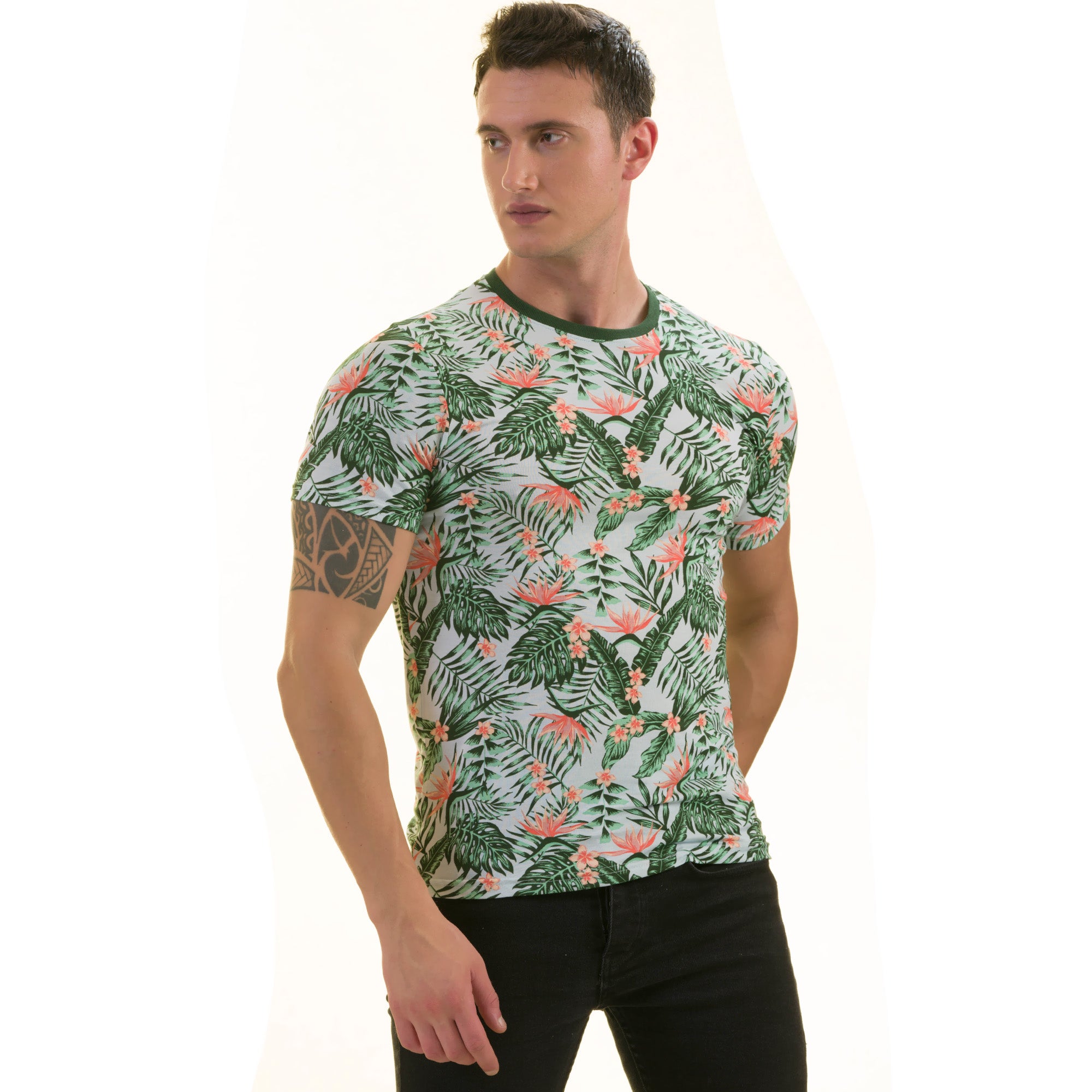 Peach Floral Green Leaves T- Shirt | European Made Premium Quality - Crew Neck Short Sleeve T-Shirts