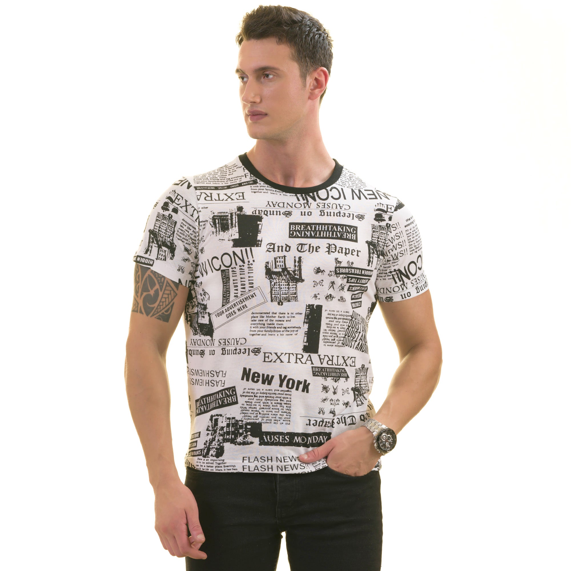 Black and White Printed Words T Shirt | European Made Premium Quality - Crew Neck Short Sleeve T-Shirts