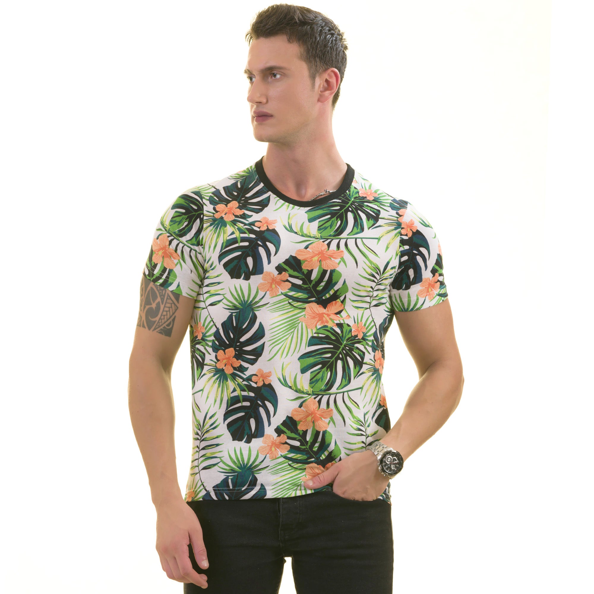 Orange Floral with Leaves European Made Premium Quality T-Shirt - Crew Neck Short Sleeve T-Shirts