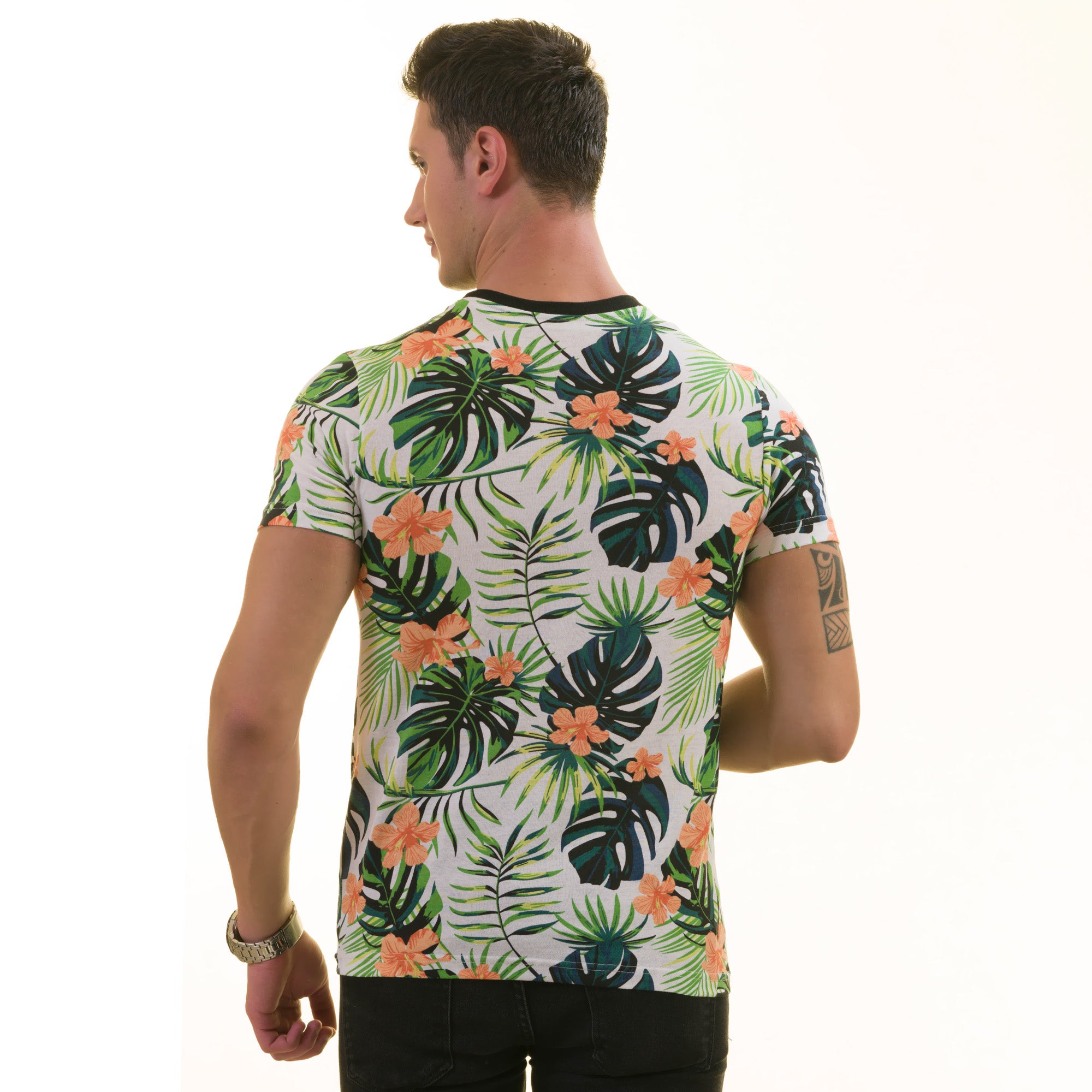 Orange Floral with Leaves European Made Premium Quality T-Shirt - Crew Neck Short Sleeve T-Shirts