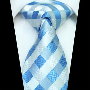 Celino White Blue Check 100% Woven Silk Tie for Men Necktie Premium Turkey Made