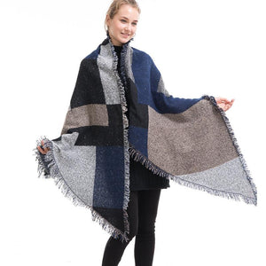 Women's Blue & Gray Winter Oversized Soft Warm Shawl Wrap Plaid Blanket Scarf