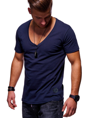 Navy Blue Soft Cotton Slim Fit T-Shirts for Men - V Neck Short Sleeve Tee Shirts