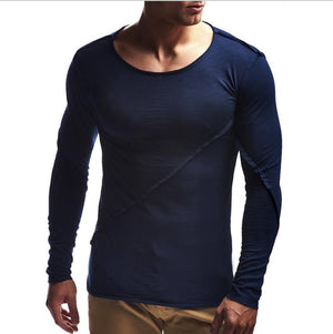 Navy Blue Soft Cotton Slim Fit T-Shirts for Men - O Neck Cool Long Sleeve Tee Shirts
