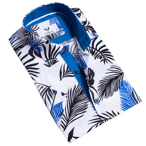Blue White Tropical Short Sleeve Button up Shirts for Men - Tailored Slim Fit Cotton Dress Shirts