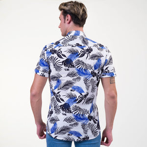Blue White Tropical Short Sleeve Button up Shirts for Men - Tailored Slim Fit Cotton Dress Shirts