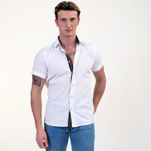White with Blue and Yellow Short Sleeve Button up Shirts for Men - Tailored Slim Fit Cotton Dress Shirts