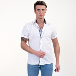 Bright White With Blue Short Sleeve Button up Shirts for Men - Tailored Slim Fit Cotton Dress Shirts