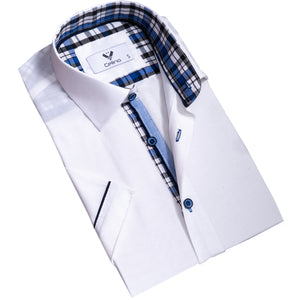 Bright White With Blue Short Sleeve Button up Shirts for Men - Tailored Slim Fit Cotton Dress Shirts