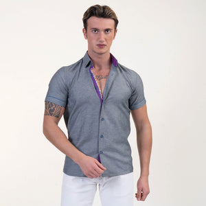Grey With Purple Short Sleeve Button up Shirts for Men - Tailored Slim Fit Cotton Dress Shirts