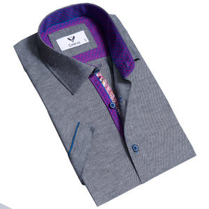 Grey With Purple Short Sleeve Button up Shirts for Men - Tailored Slim Fit Cotton Dress Shirts