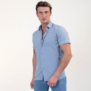 Blue With White Dots Short Sleeve Button up Shirts for Men - Tailored Slim Fit Cotton Dress Shirts